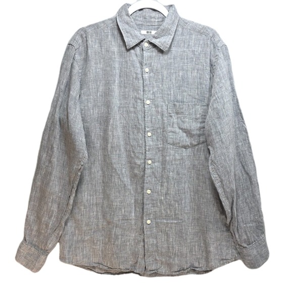 Uniqlo Other - Uniqlo Linen Button Front Shirt‎ Mens L Long Sleeve Collared Neutral Gray Office